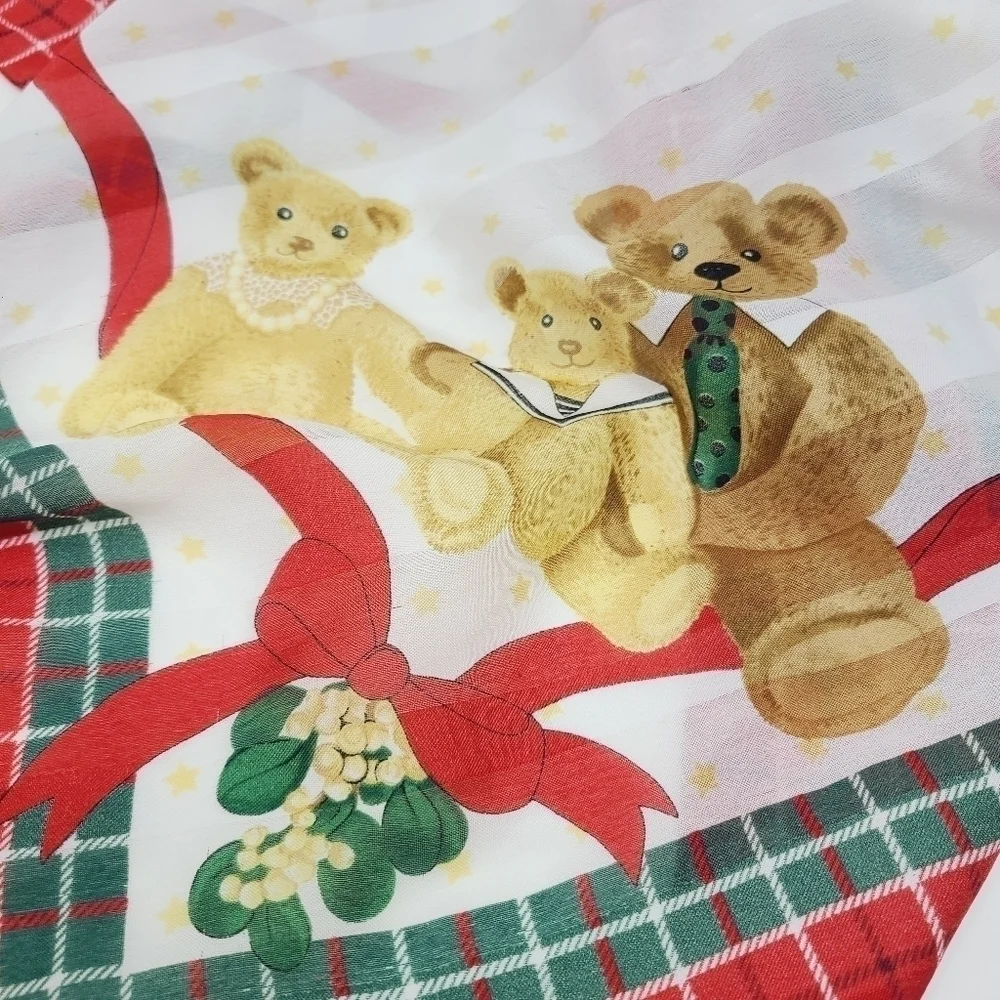 Avon | Vintage White Square Christmas Teddy Themed Scarf/Handkerchief (One Size)